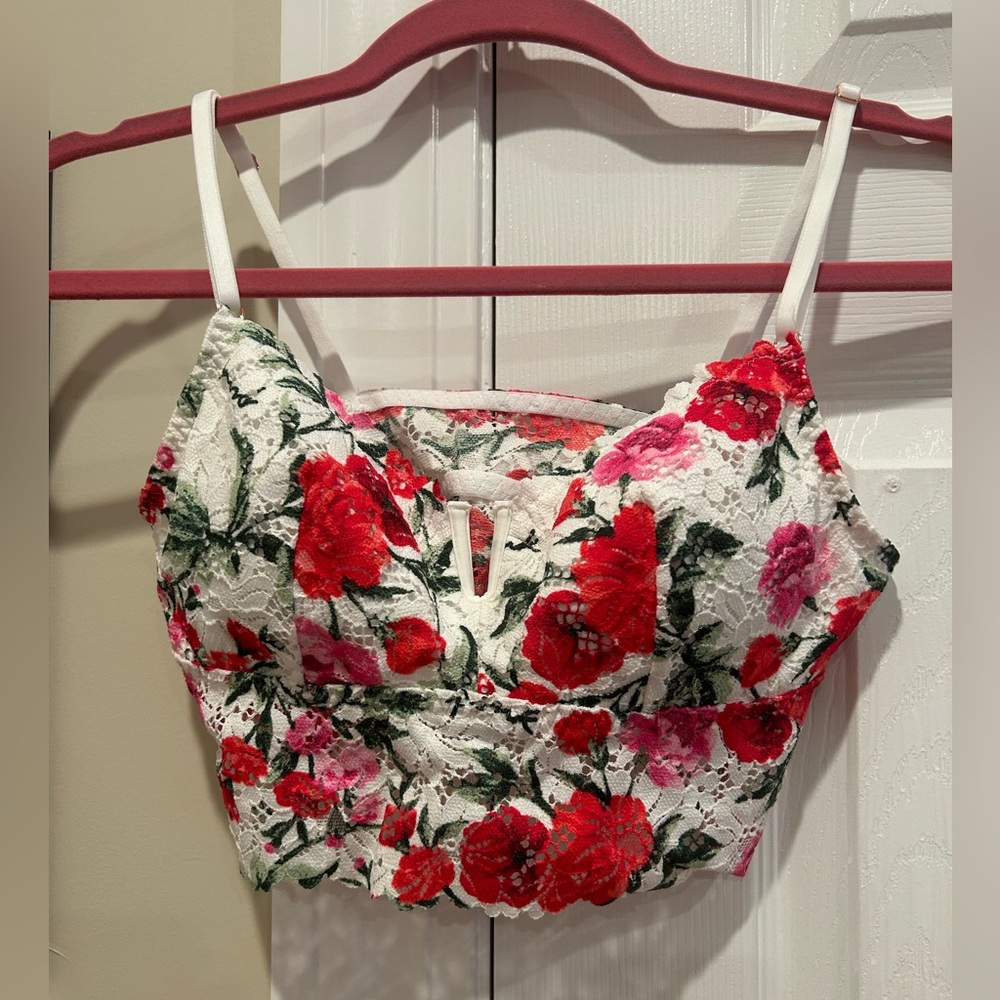 PINK Victoria's Secret White Floral Lace Bralette with Red & Pink Flowers